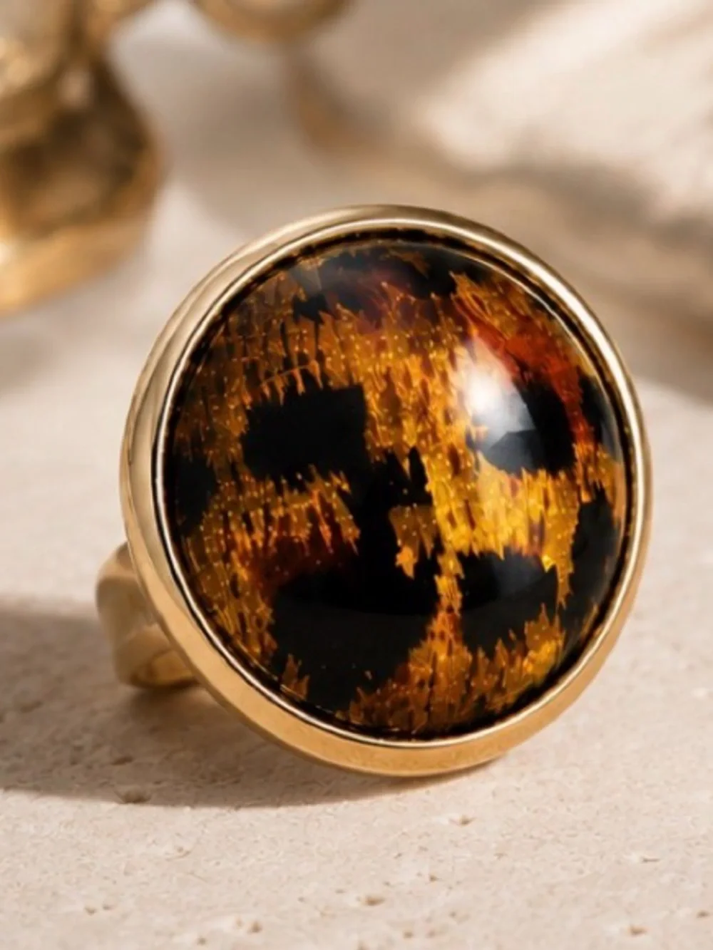 Amber-tone Dome Statement Ring - adjustable Gold Band